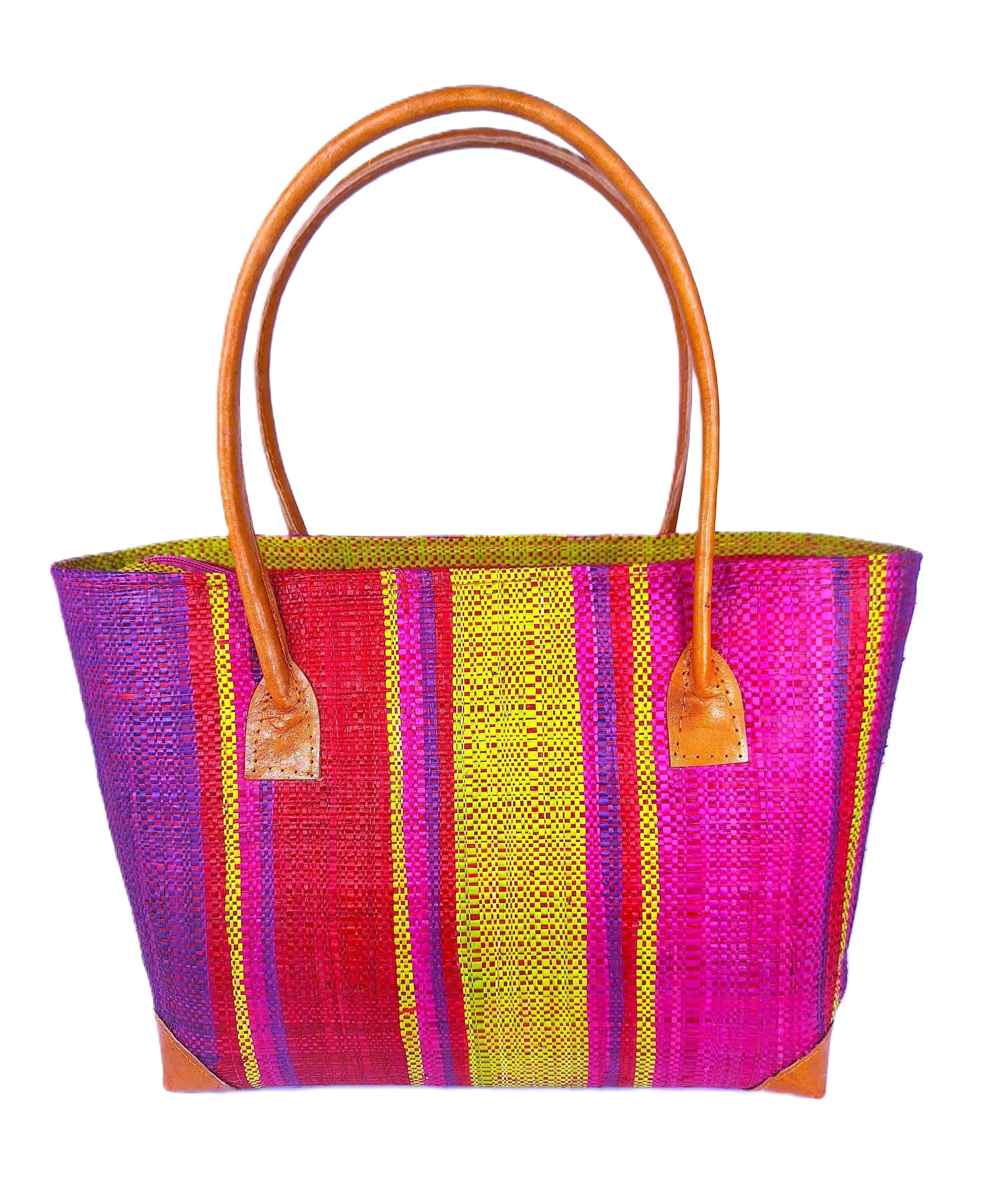 Raffia Striped Handbag Large in Rosy Apple Madagascan