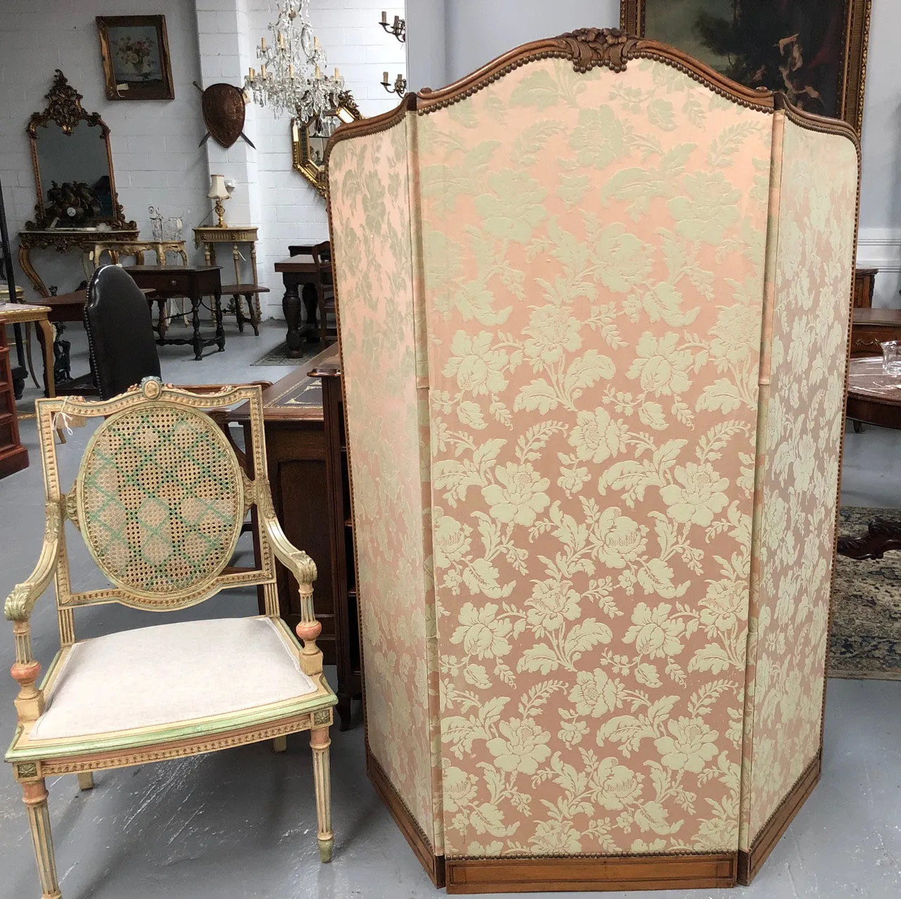 Rare Antique French Walnut Louis XVI Style Upholstered 3 Fold Screen/Divider