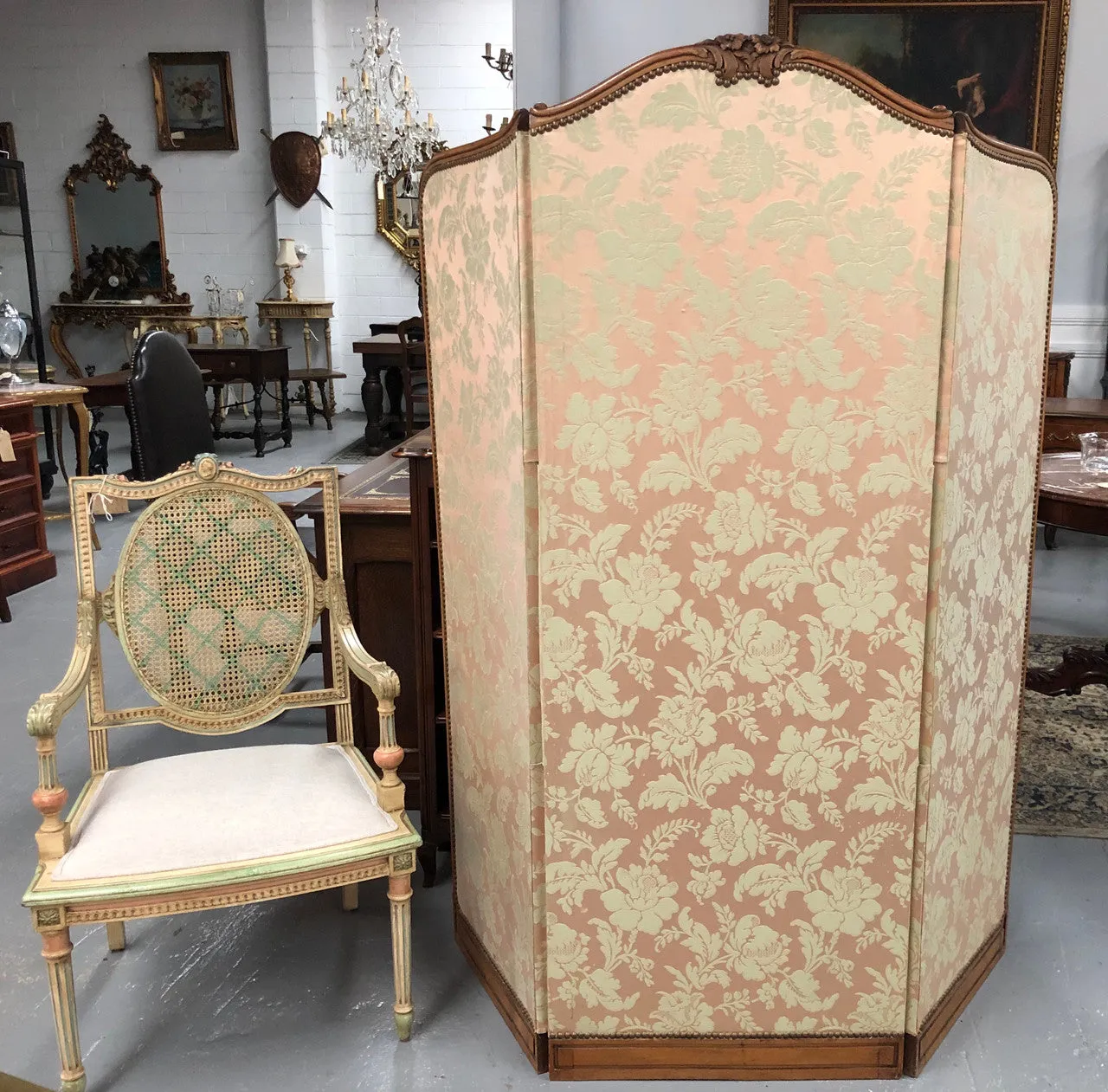 Rare Antique French Walnut Louis XVI Style Upholstered 3 Fold Screen/Divider