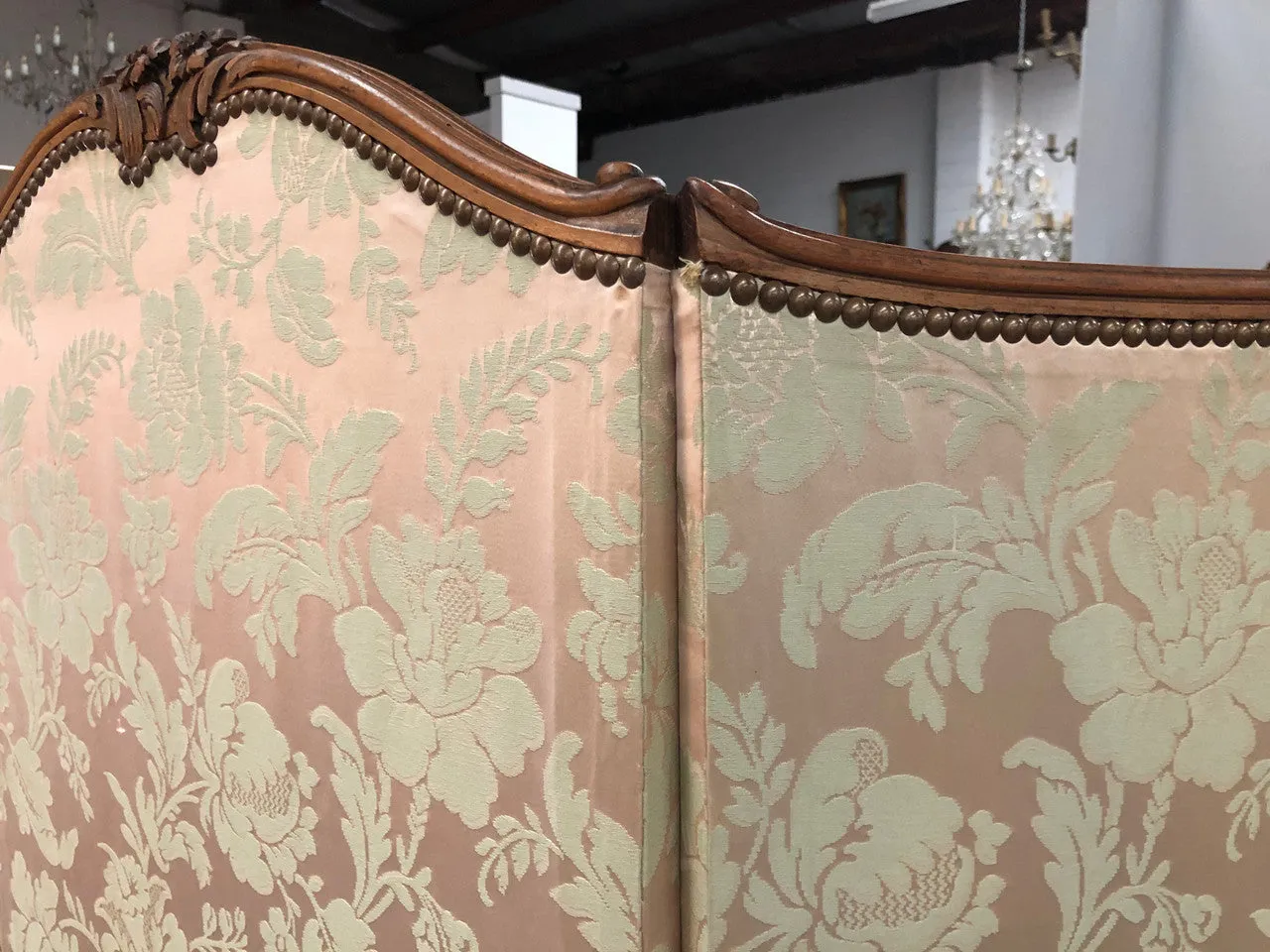 Rare Antique French Walnut Louis XVI Style Upholstered 3 Fold Screen/Divider