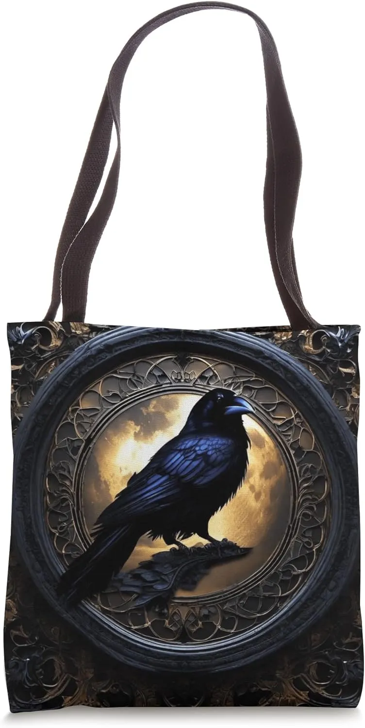 Raven Gothic Horror Sinister Thriller Moon Ominous Graphic Tote Bag