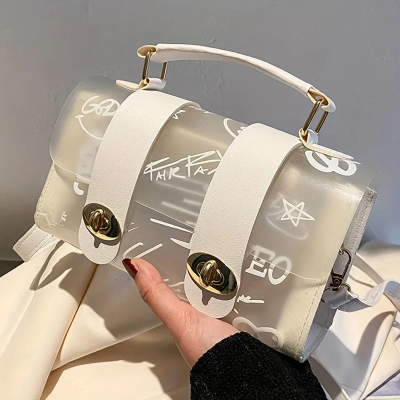 realaiot  Clear Graffiti Pattern Handbags, Trendy Jelly Crossbody Bag, Waterproof Flap Purse For Every Day