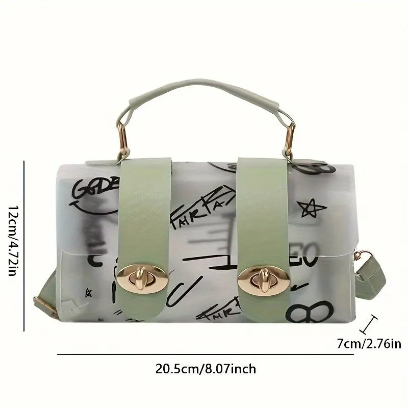 realaiot  Clear Graffiti Pattern Handbags, Trendy Jelly Crossbody Bag, Waterproof Flap Purse For Every Day