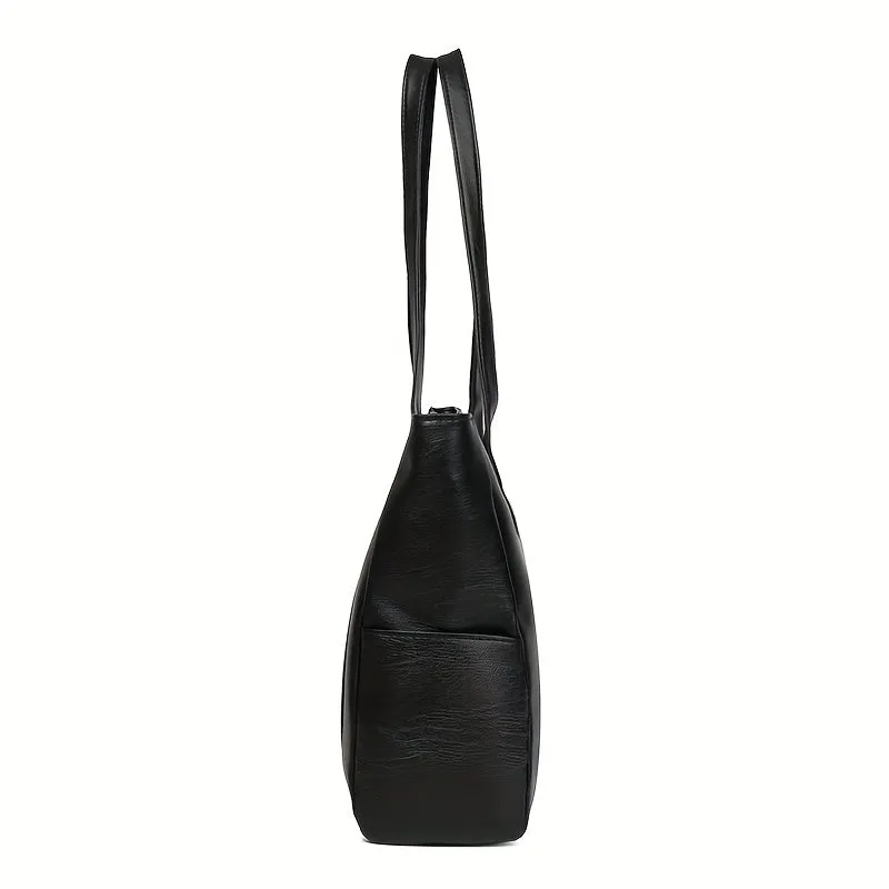 realaiot  Solid Color Tote Bag, Large Capacity Shoulder Bag, PU Leather Handbags For Work & School