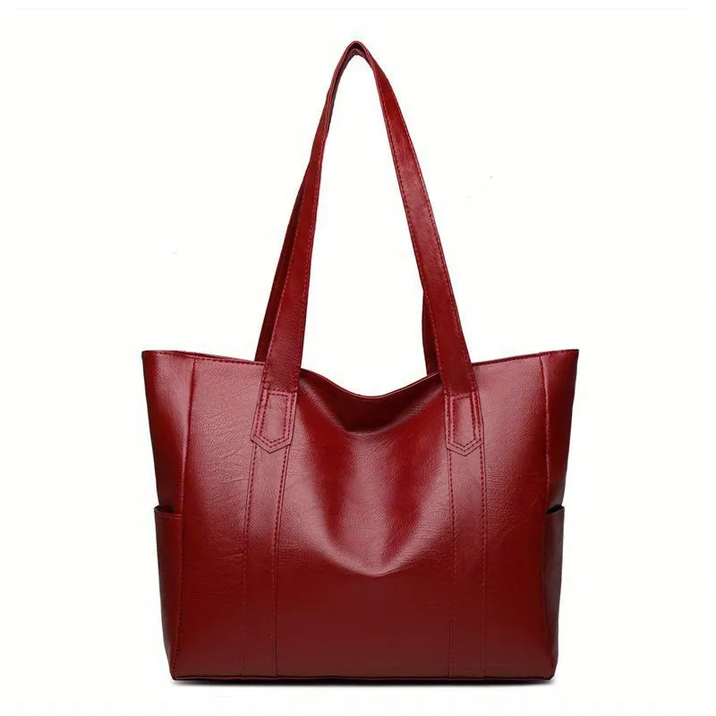 realaiot  Solid Color Tote Bag, Large Capacity Shoulder Bag, PU Leather Handbags For Work & School