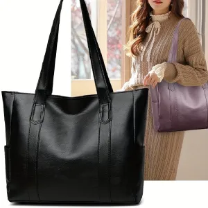 realaiot  Solid Color Tote Bag, Large Capacity Shoulder Bag, PU Leather Handbags For Work & School