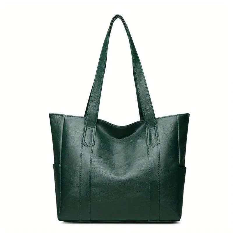 realaiot  Solid Color Tote Bag, Large Capacity Shoulder Bag, PU Leather Handbags For Work & School