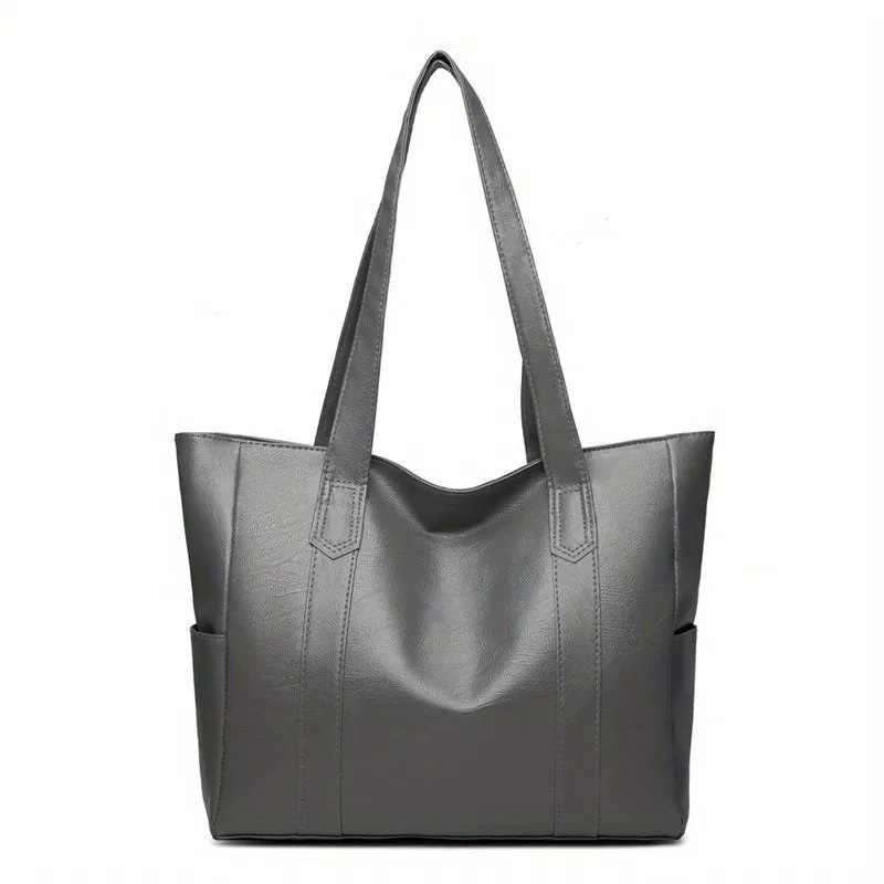 realaiot  Solid Color Tote Bag, Large Capacity Shoulder Bag, PU Leather Handbags For Work & School