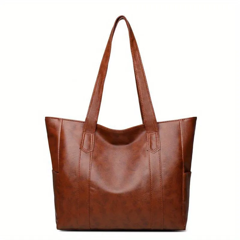 realaiot  Solid Color Tote Bag, Large Capacity Shoulder Bag, PU Leather Handbags For Work & School