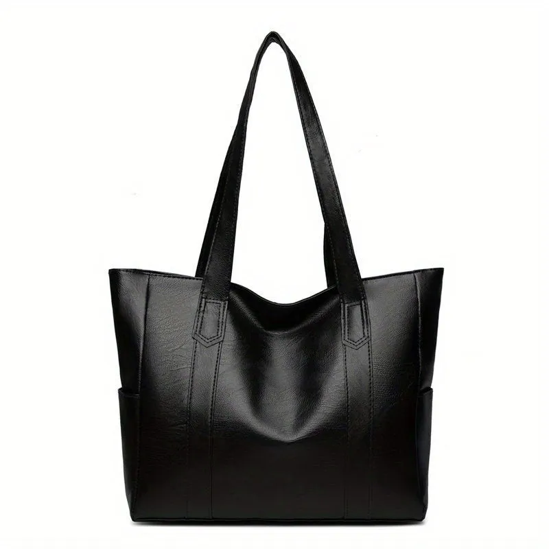 realaiot  Solid Color Tote Bag, Large Capacity Shoulder Bag, PU Leather Handbags For Work & School