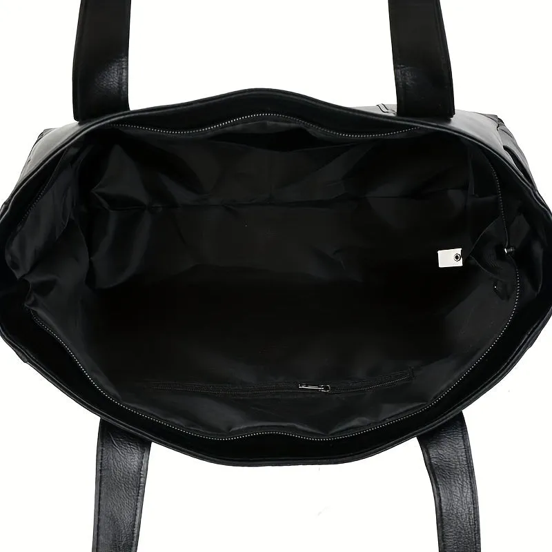 realaiot  Solid Color Tote Bag, Large Capacity Shoulder Bag, PU Leather Handbags For Work & School