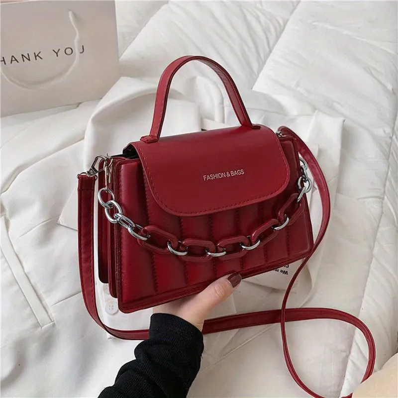 realaiot  Stripe Embroidery Handbags, Trendy Chain Decor Flap Purse, Women's Small Crossbody Bag