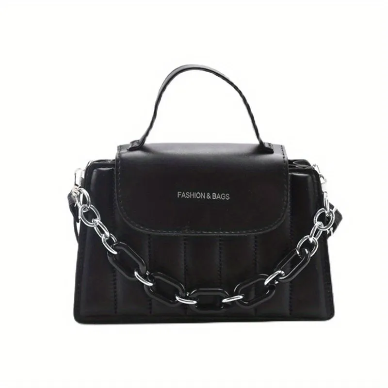 realaiot  Stripe Embroidery Handbags, Trendy Chain Decor Flap Purse, Women's Small Crossbody Bag