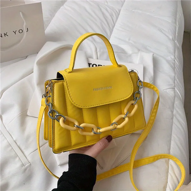 realaiot  Stripe Embroidery Handbags, Trendy Chain Decor Flap Purse, Women's Small Crossbody Bag