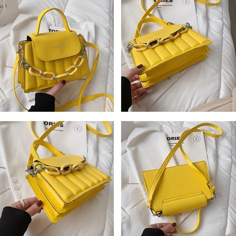 realaiot  Stripe Embroidery Handbags, Trendy Chain Decor Flap Purse, Women's Small Crossbody Bag