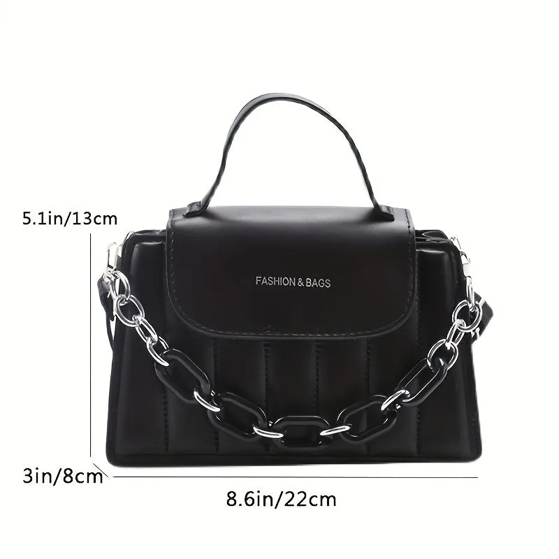 realaiot  Stripe Embroidery Handbags, Trendy Chain Decor Flap Purse, Women's Small Crossbody Bag