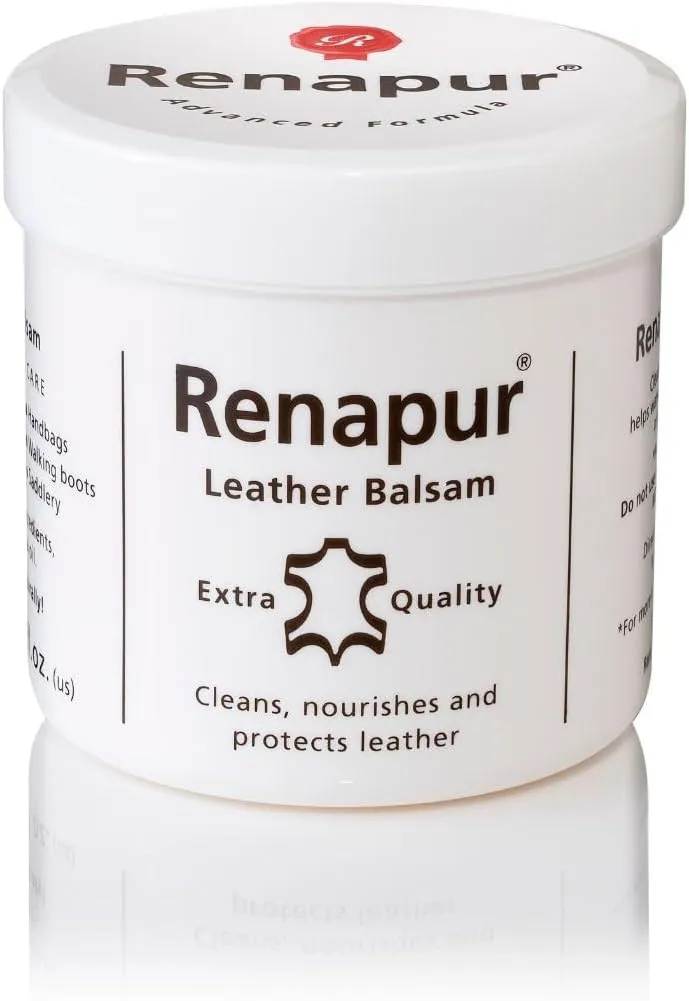 Renapur Leather Balsam, Natural Conditioner, Protector and Restorer — for Leather Furniture, footwear, Purses & Bags, Car interiors & Bikes, Saddlery & Tack. (6.7 fl oz   Applicator Sponge)