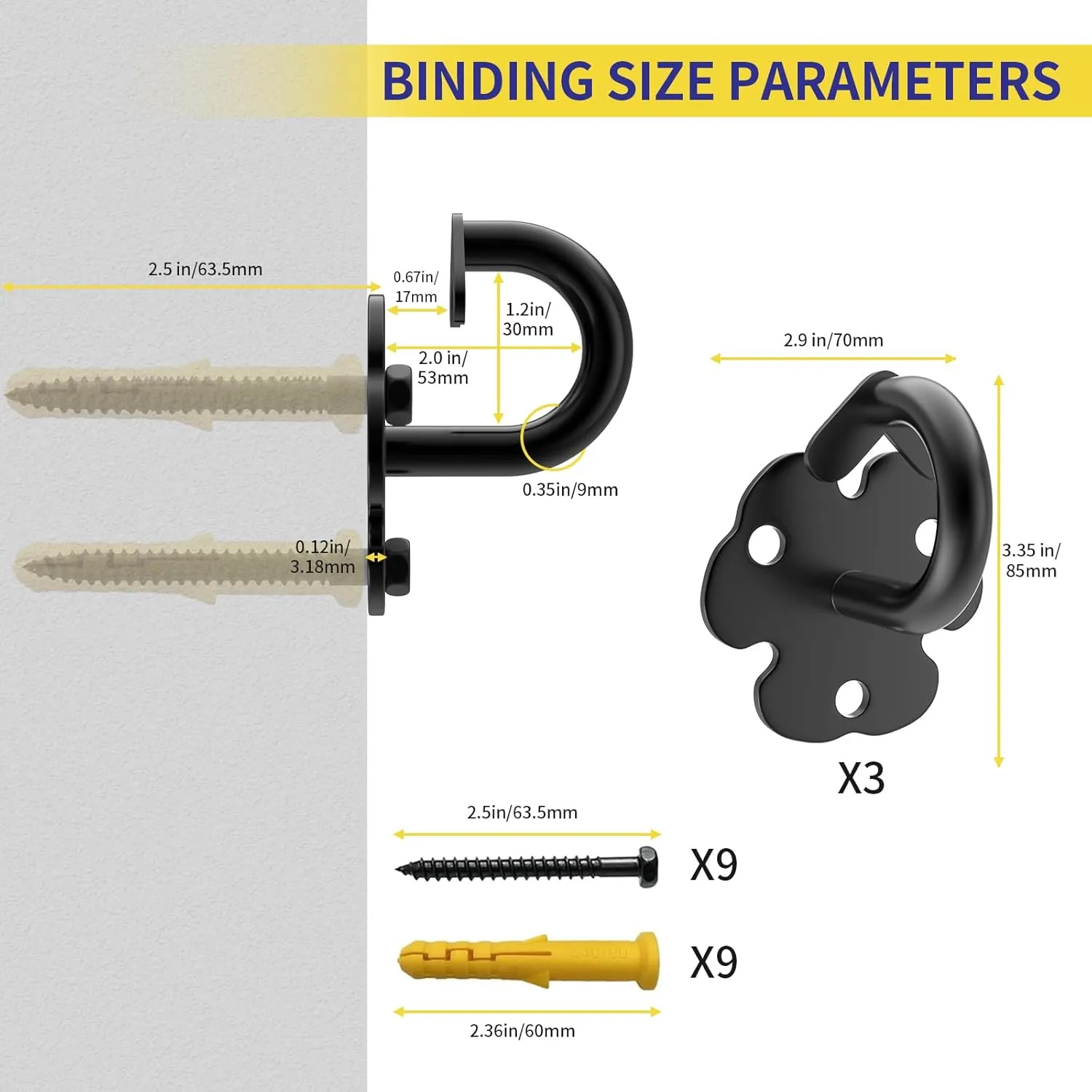 Resistance Band Wall Anchors, 3 Pack Heavy Duty Wall and Ceiling Mount Hooks for Suspension Straps, Workout Anchors for Home Gym, Yoga Swing, Battle Rope and Boxing Equipment
