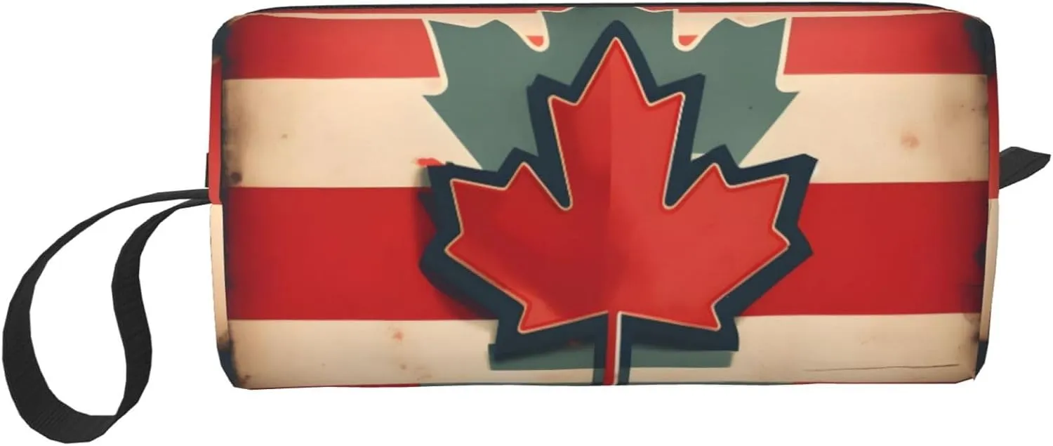 Retro Canada Flag pattern print Multi-Purpose Cosmetic Bag with Zipper Canvas Makeup Bag, Travel Toiletry Pouch, Pencil Bag