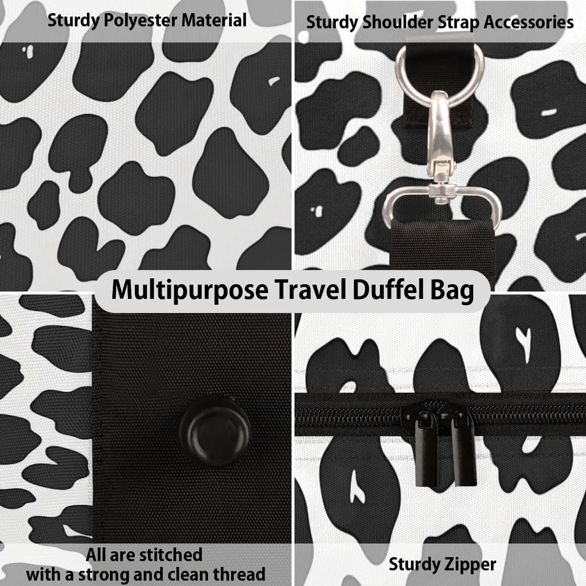 Retro Cow Print Travel Duffle Bag for Women Men Gym Duffel Foldable Bag Waterproof Weekender Animal Skin Print Duffle Tote