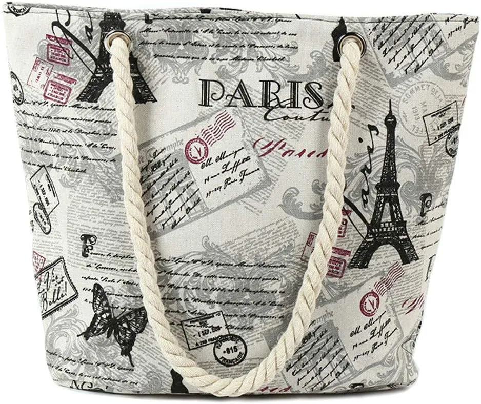 Retro Women Paris Eiffel Tower Print Large Beach Canvas Tote Bags Sling Shoulder Bag Rope Handle Shopping Handbag
