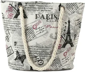 Retro Women Paris Eiffel Tower Print Large Beach Canvas Tote Bags Sling Shoulder Bag Rope Handle Shopping Handbag