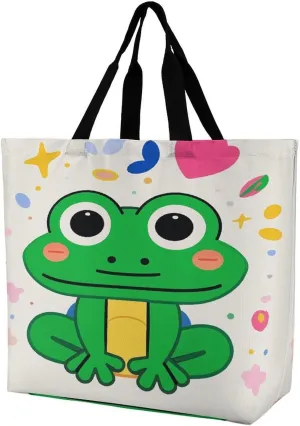 Reusable Grocery Shopping Cloth Bags Cute Frog Pattern Print Shoulder Tote Bag Fashionable Tote Handbag for Work Beach Travel Shopping