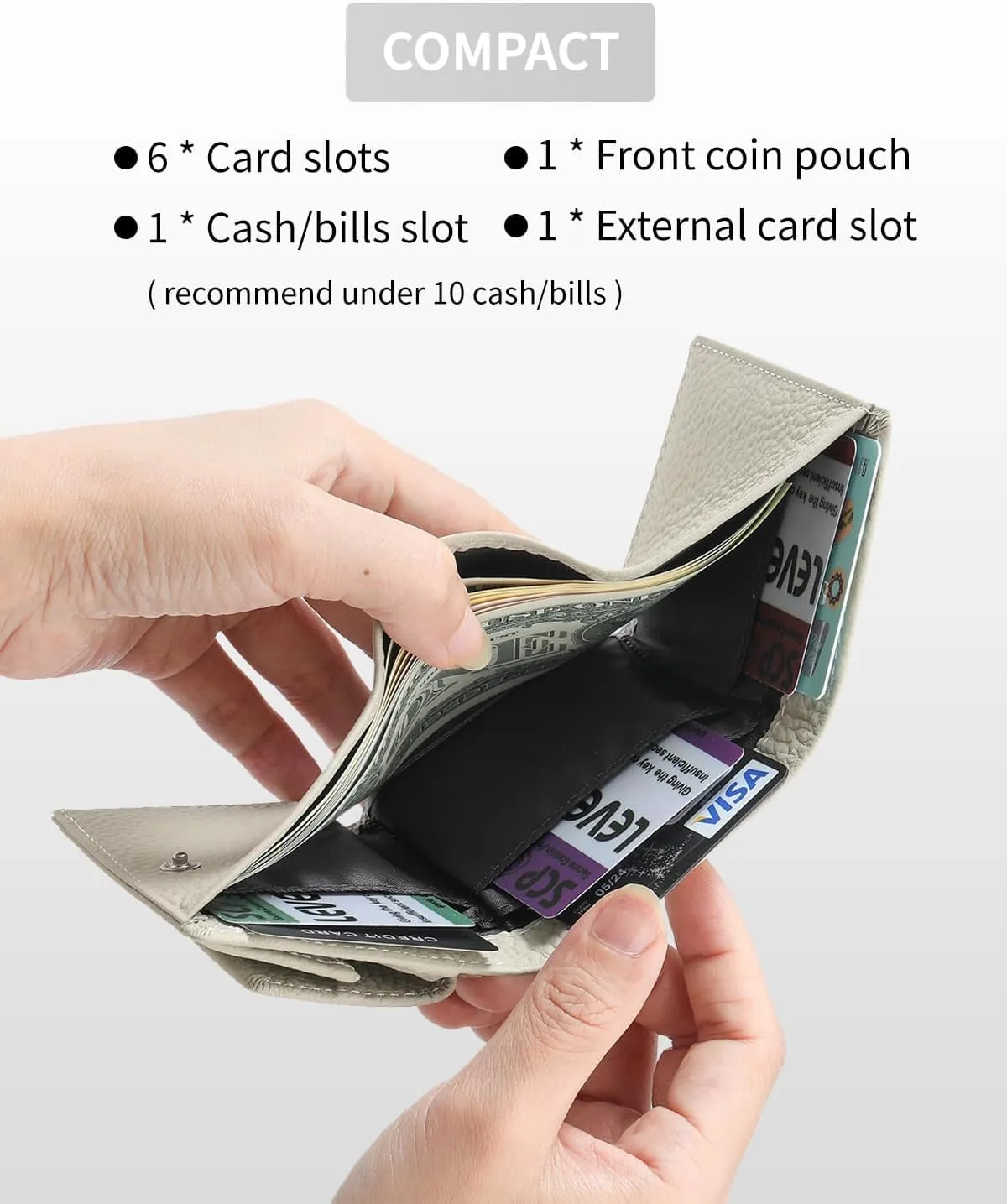 RFID Mini Leather Wallet with Coin Pouch, Cash and Card Slots Trifold Compact Wallet Small for Women Pocket Wallet Minimalist, Ideal for Daily or Travel (Beige)