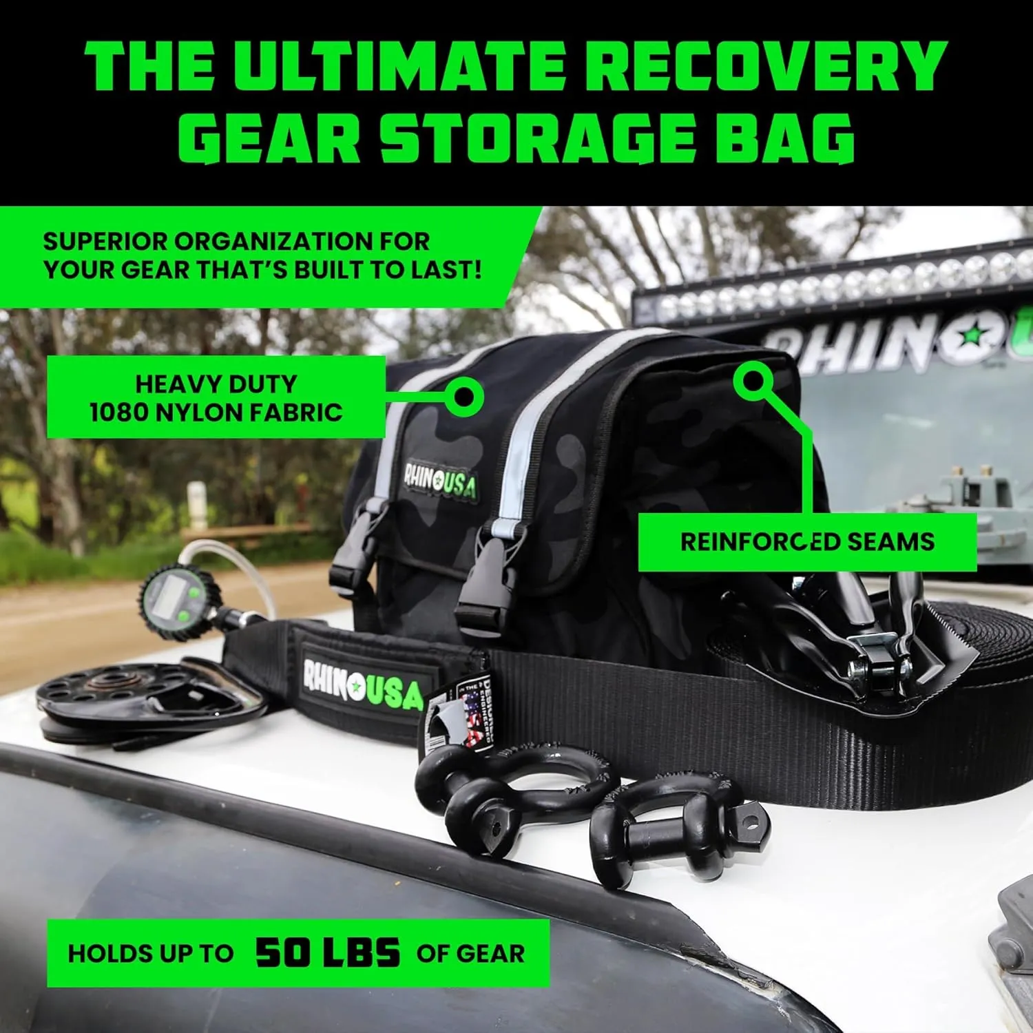 Rhino USA Recovery Gear Storage Bag (CAMO)- Ultimate Recovery Kit Bag for Organization in Your Vehicle - Use With Your Tow Strap, Shackles, Snatch Block or Anything You Desire - Guaranteed For Life!