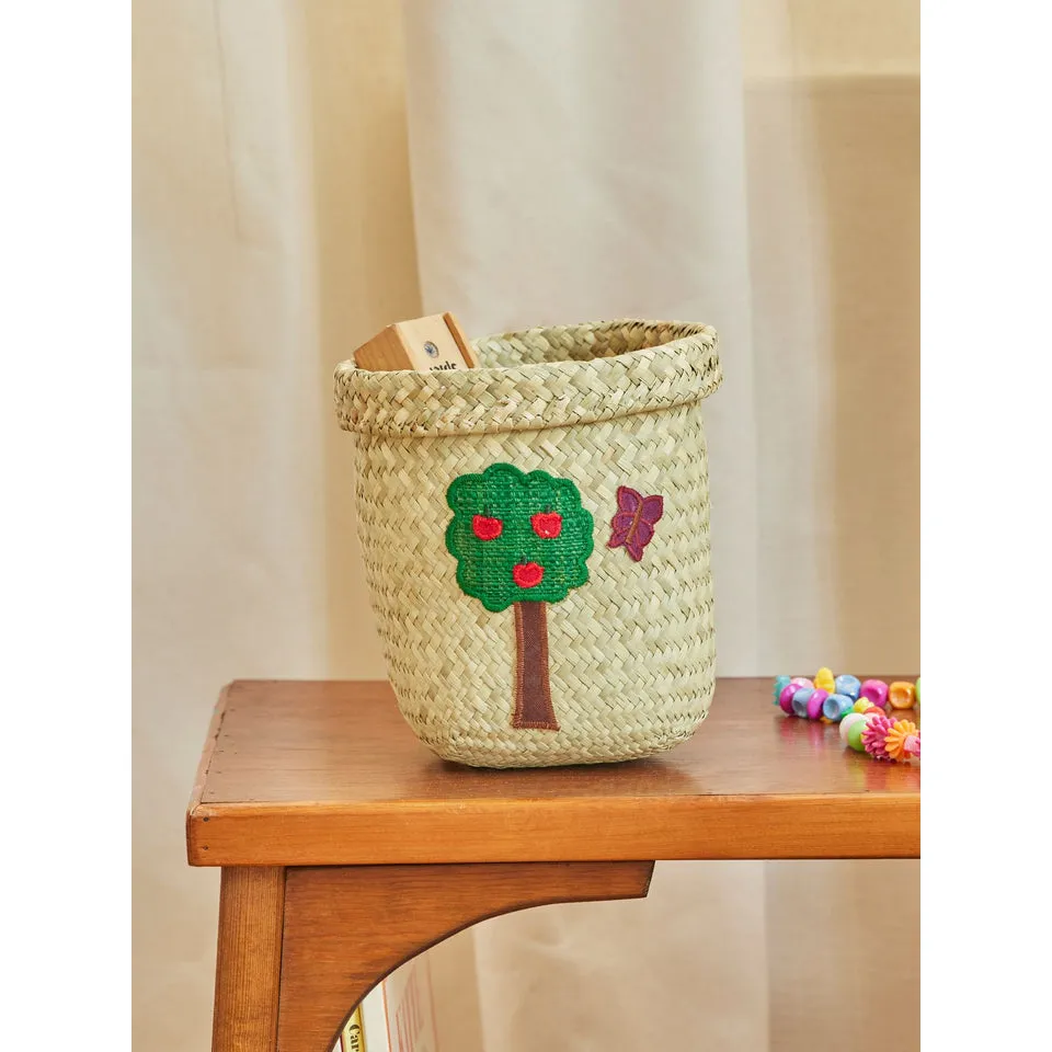 Rice DK Round Raffia Baskets with Happy Forest Embroidery - Small