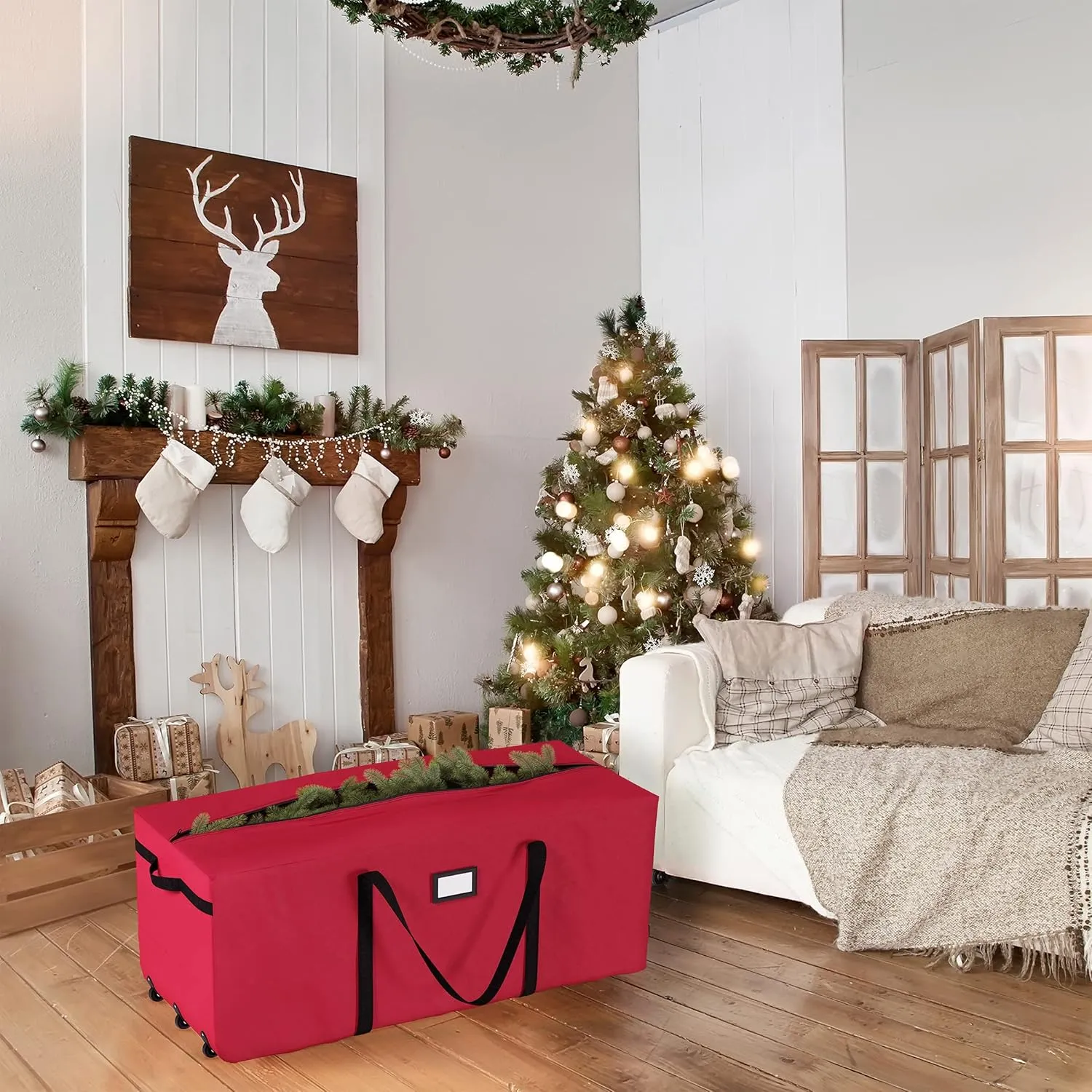 Rolling Christmas Tree Storage Bag - Holds 9-Foot Artificial Trees, Holiday Decorations, Inflatables, Garland, and More by Elf Stor (Red)