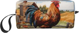 Rooster on Wood in Farmland print Multi-Purpose Cosmetic Bag with Zipper Canvas Makeup Bag, Travel Toiletry Pouch, Pencil Bag