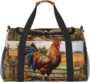 Rooster on Wood in Farmland Print Travel Duffle Bag Large Capacity Tote Stylish Weekender Bag for Outdoor Activities