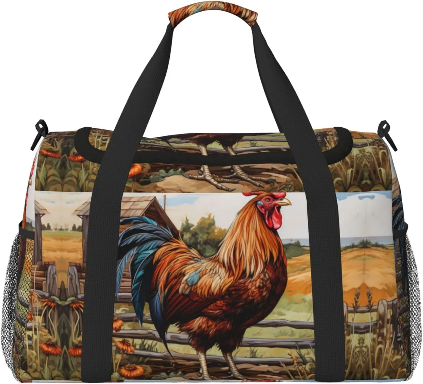 Rooster on Wood in Farmland Print Travel Duffle Bag Large Capacity Tote Stylish Weekender Bag for Outdoor Activities