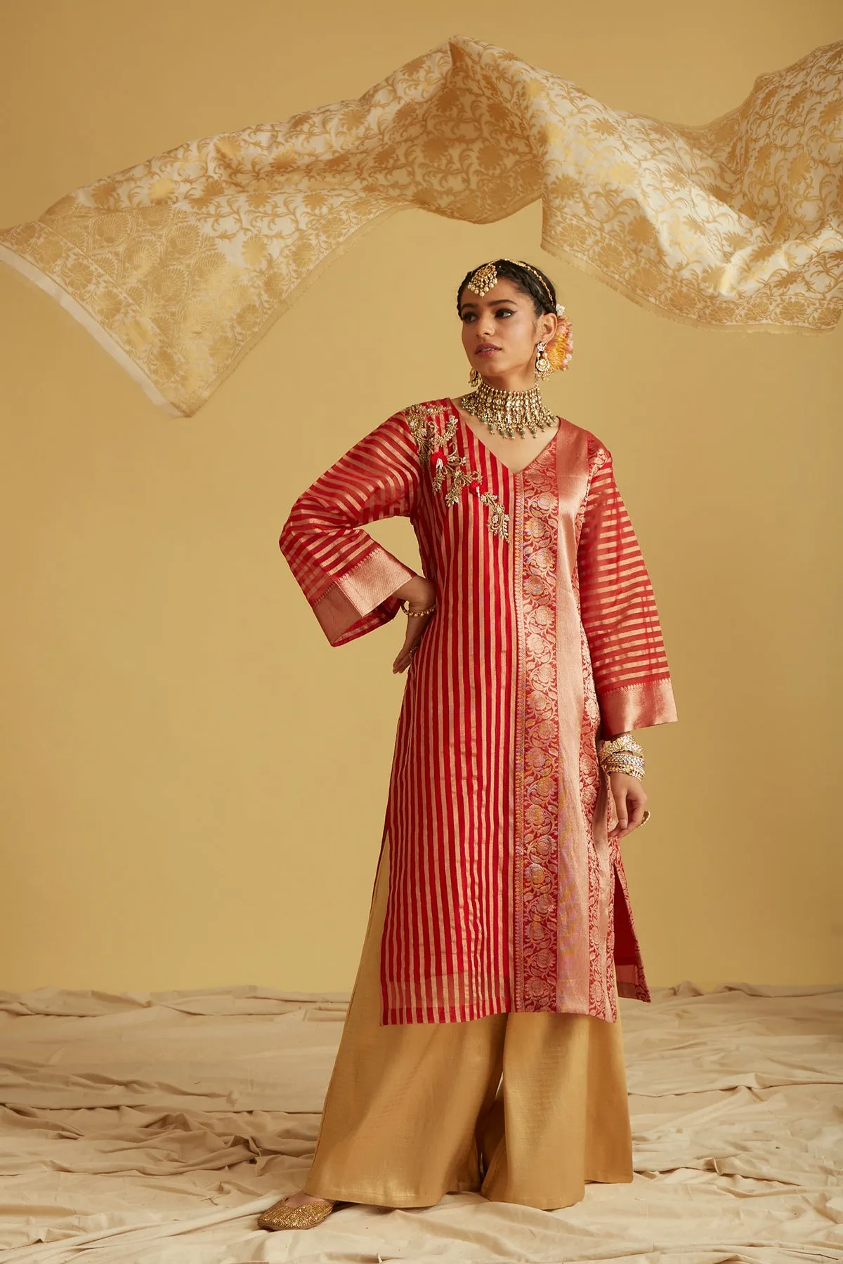 Rose Red Kurta, Sharara and Dupatta Set