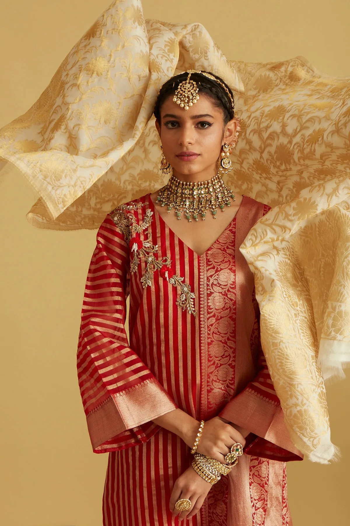 Rose Red Kurta, Sharara and Dupatta Set