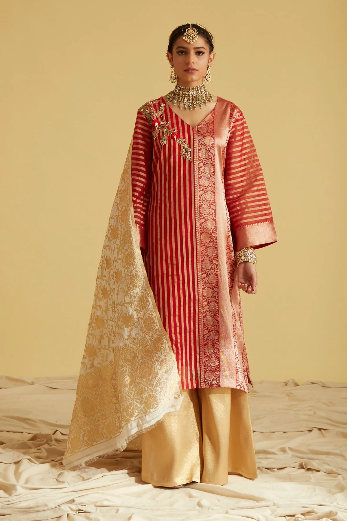 Rose Red Kurta, Sharara and Dupatta Set