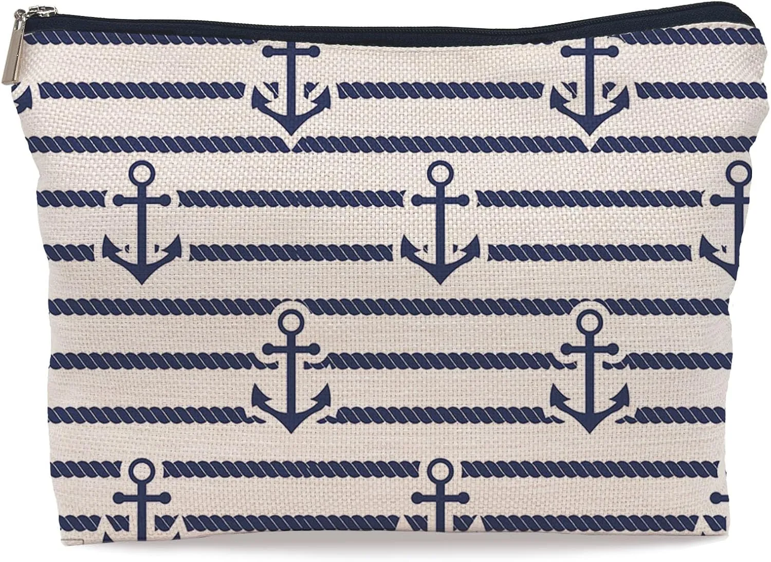 Rustic Navy Blue Nautical Anchor with Rope Pattern Makeup Bag,Nautical Coastal Sailing Sailboat Anchor Cosmetic Makeup Bag for Women,Gifts For Sea Lovers Sailors Women Girls