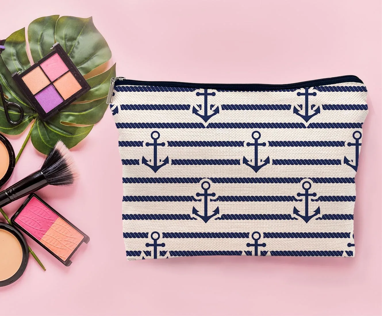Rustic Navy Blue Nautical Anchor with Rope Pattern Makeup Bag,Nautical Coastal Sailing Sailboat Anchor Cosmetic Makeup Bag for Women,Gifts For Sea Lovers Sailors Women Girls