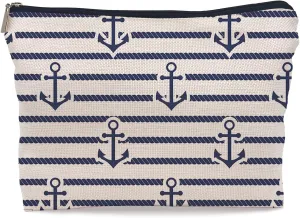 Rustic Navy Blue Nautical Anchor with Rope Pattern Makeup Bag,Nautical Coastal Sailing Sailboat Anchor Cosmetic Makeup Bag for Women,Gifts For Sea Lovers Sailors Women Girls
