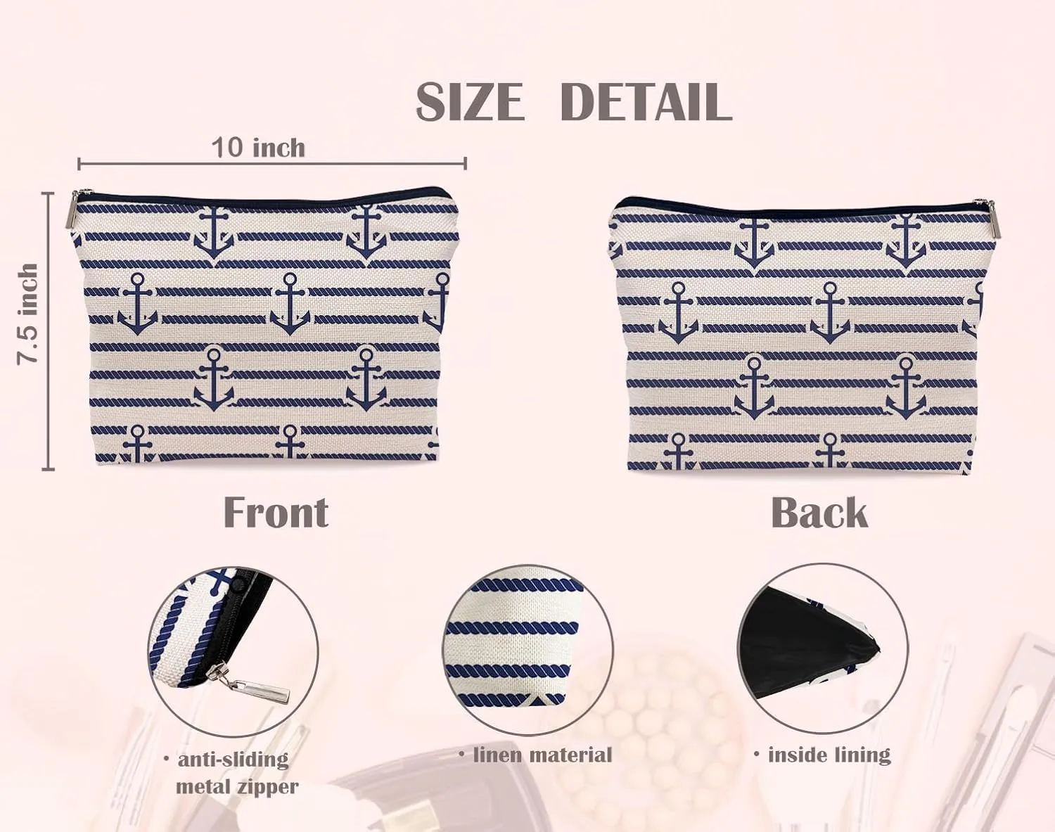 Rustic Navy Blue Nautical Anchor with Rope Pattern Makeup Bag,Nautical Coastal Sailing Sailboat Anchor Cosmetic Makeup Bag for Women,Gifts For Sea Lovers Sailors Women Girls