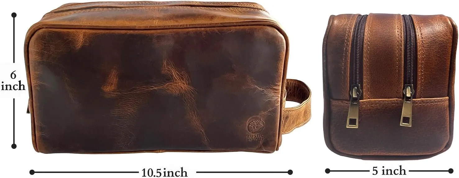 RUSTIC TOWN Leather Toiletry Bag for Men - Travel Shaving Dopp Kit - Bathroom Shower Toiletries Organizer - Leather Cosmetic Bag for Women (Antique Brown)