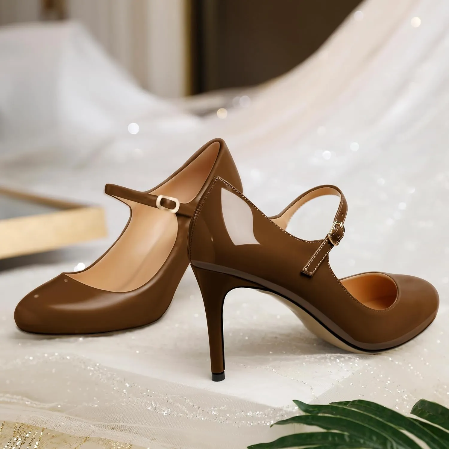 SAMMITOP Womens Mary Jane High Heel Pumps Stilettos Closed Round Toe Court Heels Office Party Wedding Dress Shoes 3.5 Inch