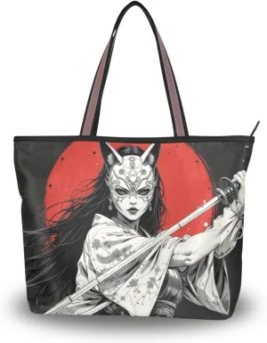 Samurai Mask Red Tote Bag for Women Durable Designer Handbag with Zipper for Daily Use L