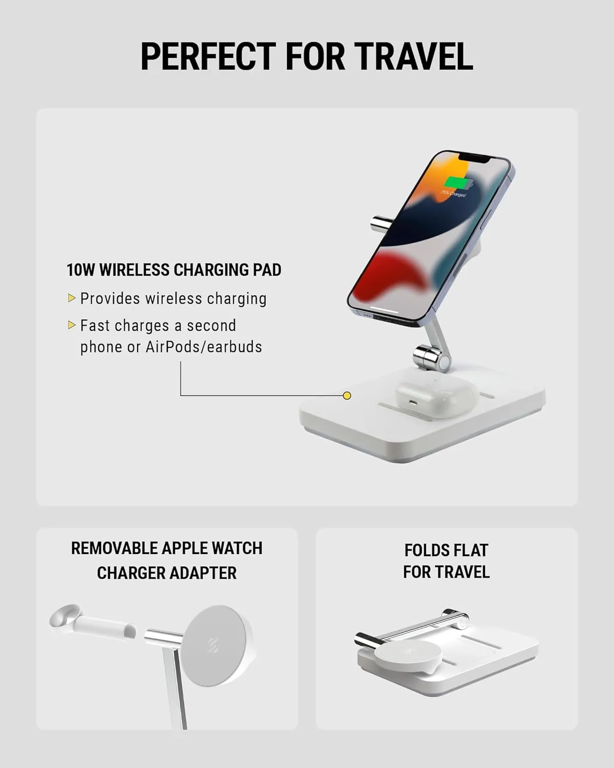 Scosche MSQSWT MagicMount Base MS Foldable Fast Wireless Charging Station for Desk, Phone Charger for MagSafe iPhone 16/15/14/13/12/AirPods Pro with Apple Watch Charger Stand (Watch Charger Not Incl.)