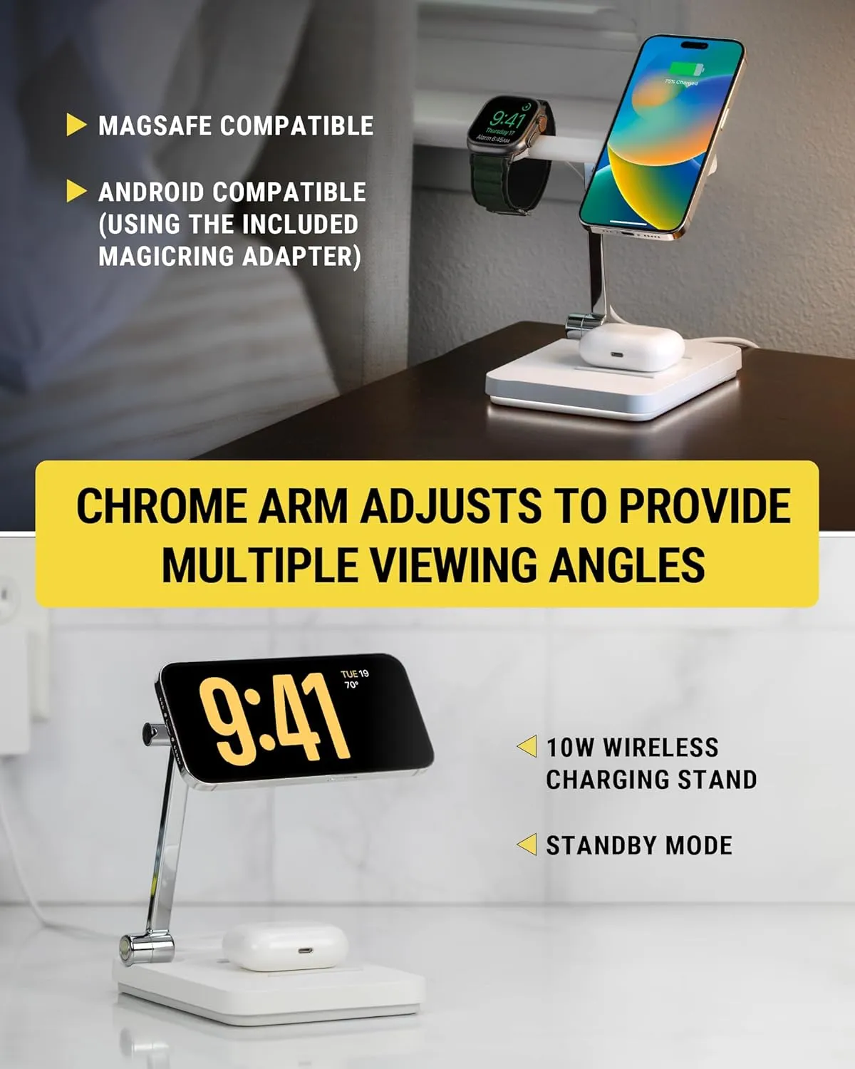 Scosche MSQSWT MagicMount Base MS Foldable Fast Wireless Charging Station for Desk, Phone Charger for MagSafe iPhone 16/15/14/13/12/AirPods Pro with Apple Watch Charger Stand (Watch Charger Not Incl.)