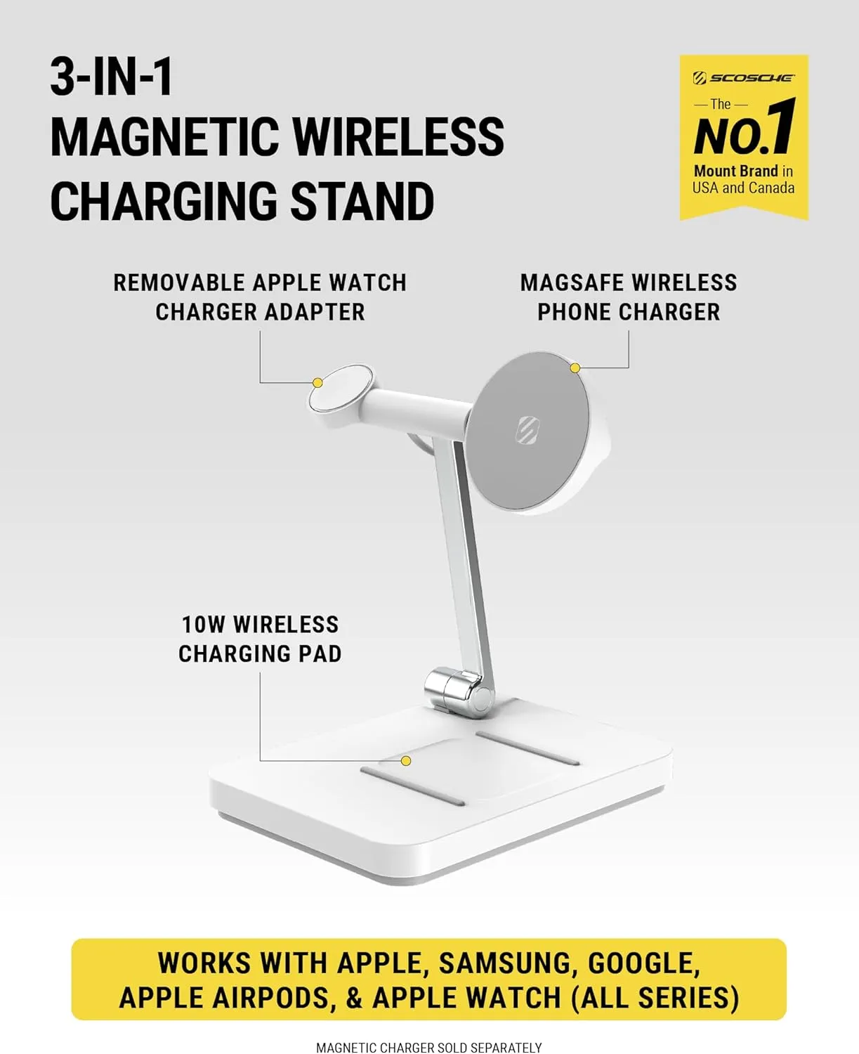 Scosche MSQSWT MagicMount Base MS Foldable Fast Wireless Charging Station for Desk, Phone Charger for MagSafe iPhone 16/15/14/13/12/AirPods Pro with Apple Watch Charger Stand (Watch Charger Not Incl.)