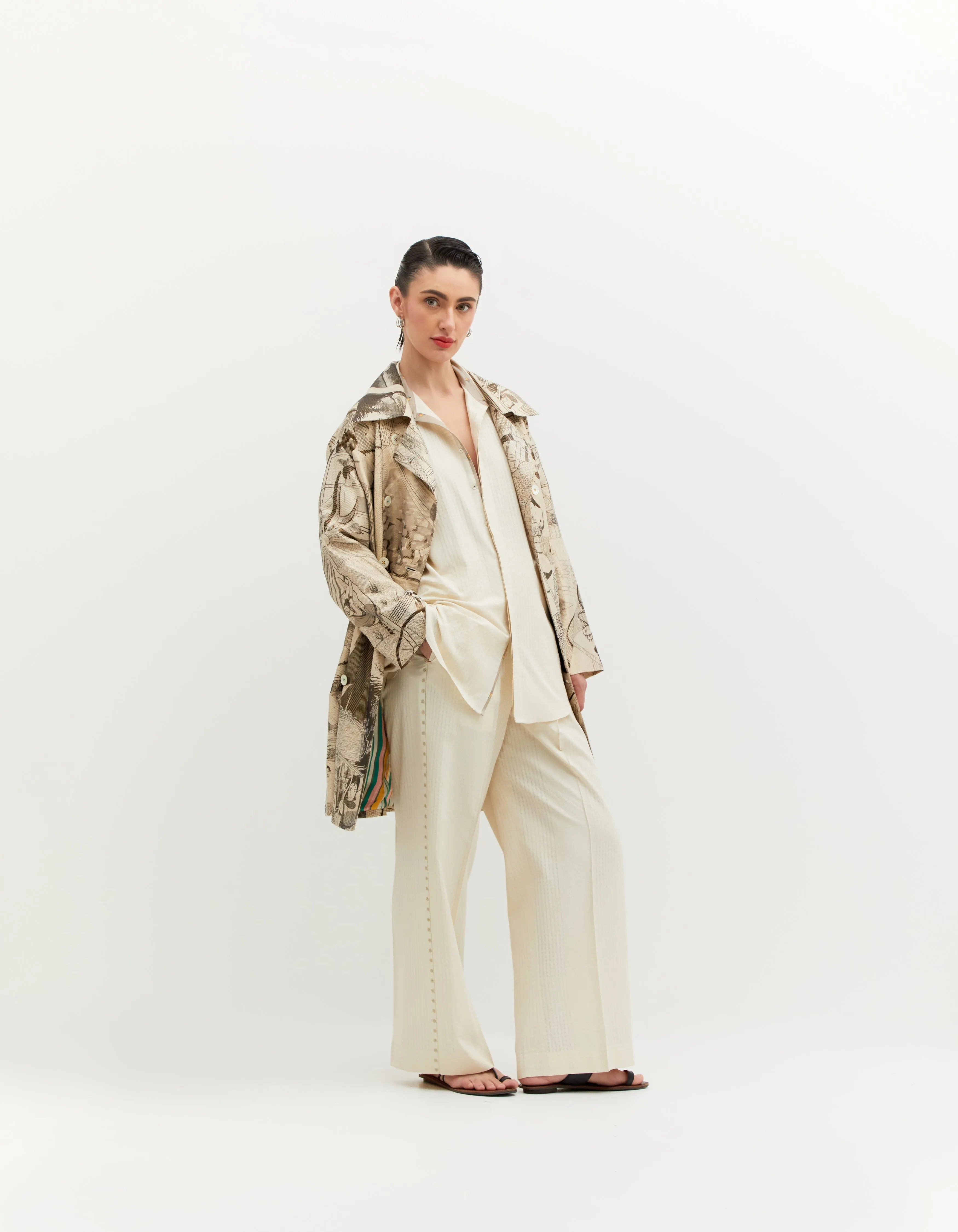SD Leap Trench Coat Silk Brocade B/W