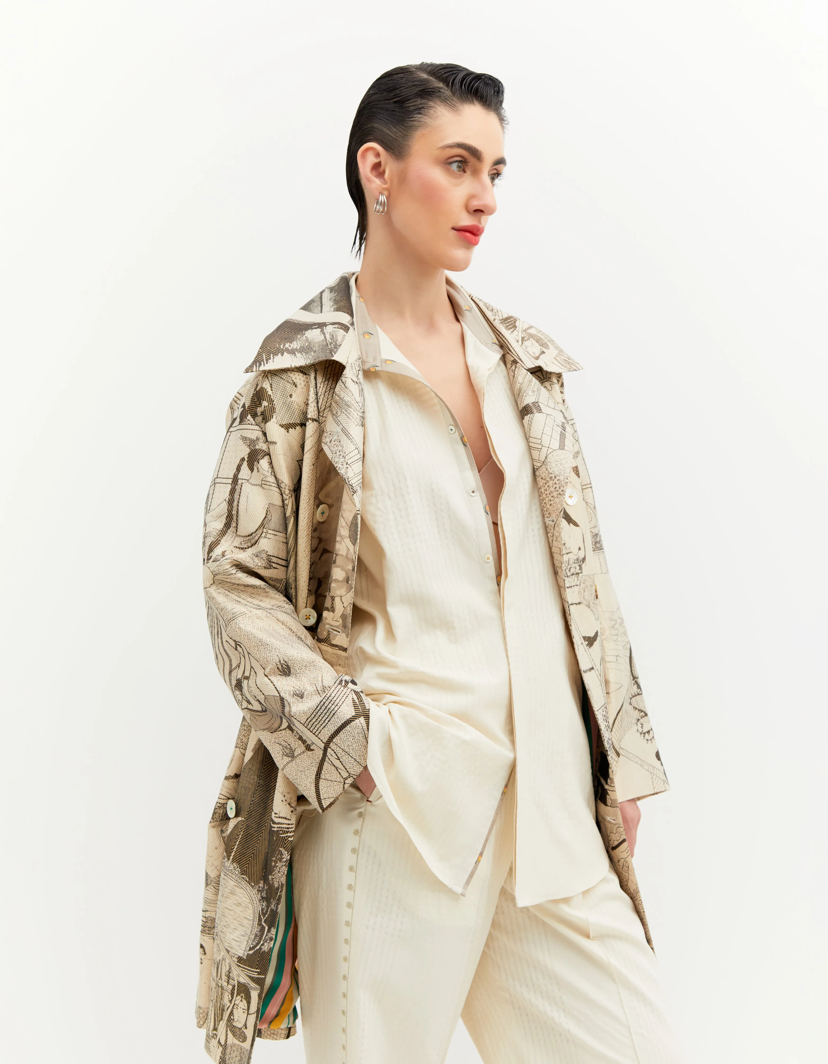 SD Leap Trench Coat Silk Brocade B/W