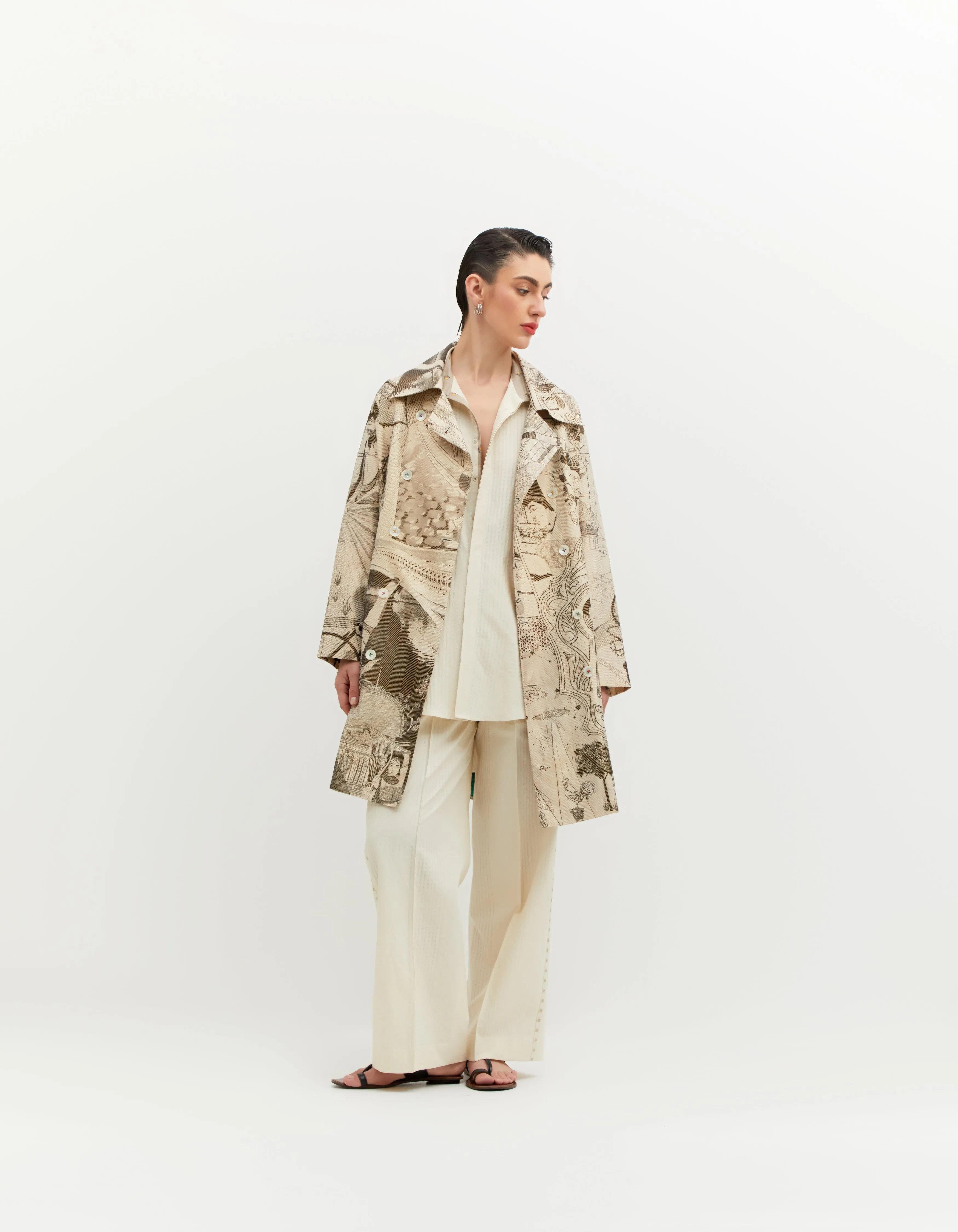 SD Leap Trench Coat Silk Brocade B/W